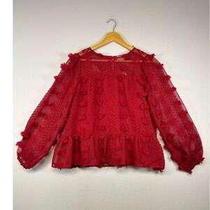 Romantic Hailey & Co Womens Medium Red Floral Pom Pom Sheer Peplum Blouse IT6863